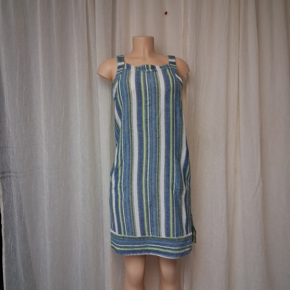 For Cynthia Blue and Green Striped Mini Dress Women Sz XS 55%Lino 48% Viscose - Picture 10 of 16